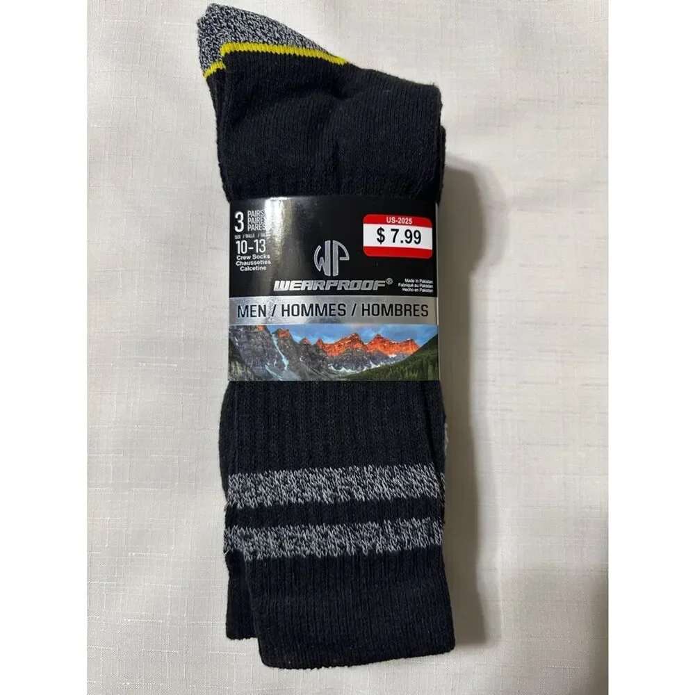 WEARPROOF Black Heather White Yellow Stripe Cotton Blend Work Socks 3 pack